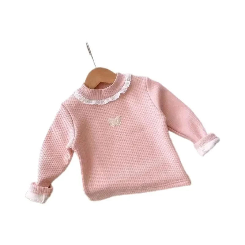 Toddler Baby Girl Velvet Warm Tops Children Turtleneck Butterfly Sweater Shirts 1-13Years Children Base Tops in Pink Beige 6 8 9