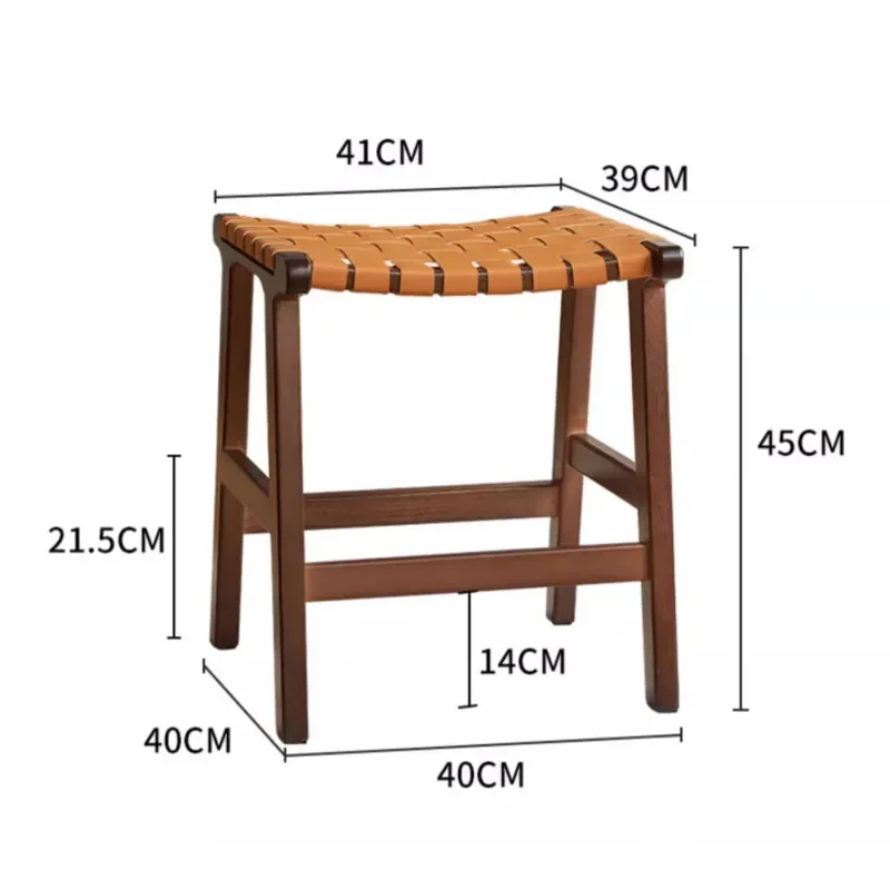 Vintage Woven Dining Chairs Square Home Shoe Changing Stool Saddle Leather Dressing Seat Solid Wood Frame Home Furniture