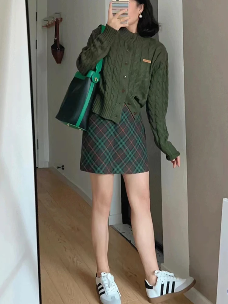 Women Vintage Outfits 2 Piece Set Full Sleeve Single Breaste Sweater Cardigan + Elastic Waist Plaid Skirts Elegant Autumn Winter