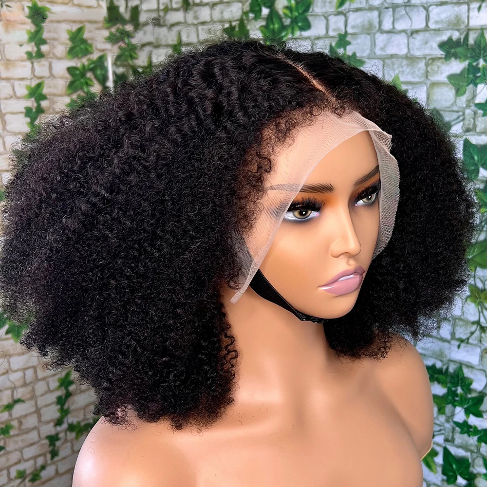 Suave 180% densidad rizado Natural negro 16 "corte corto Bob rizado profundo peluca con malla frontal para mujeres pelo de bebé prearrancado sin pegamento diario