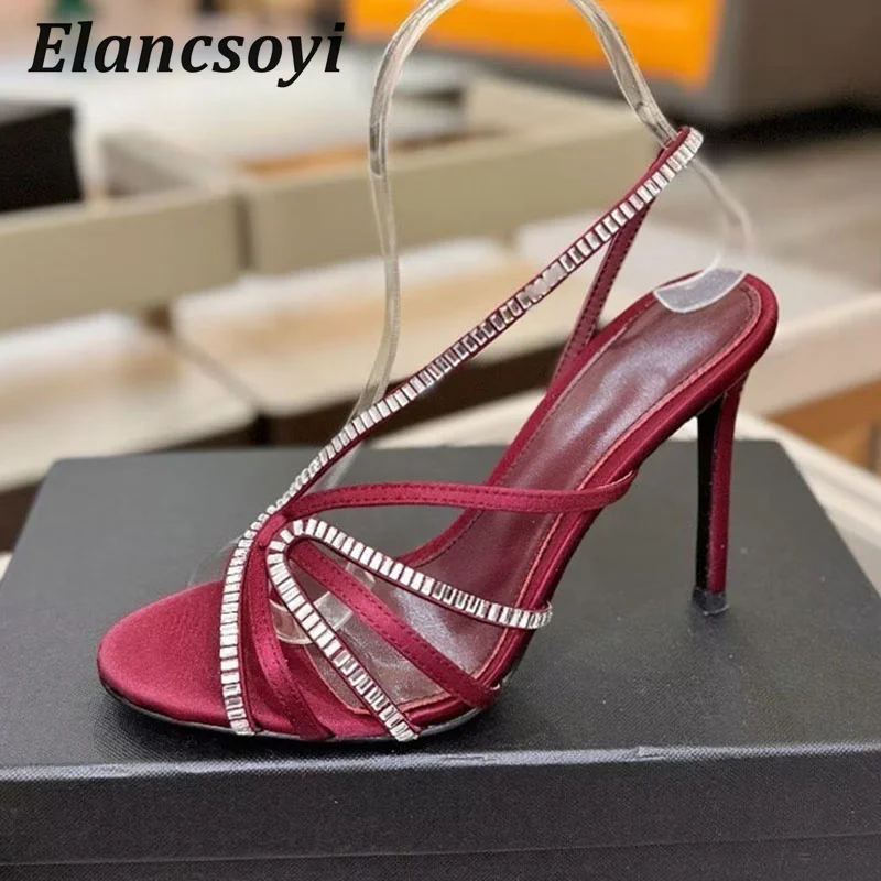 High Heels Sandals Women's Satin Rhinestone Narrow Band Thin Heels Back Strap Sandalias Summer Sexy Party Banquet Shoes 2026
