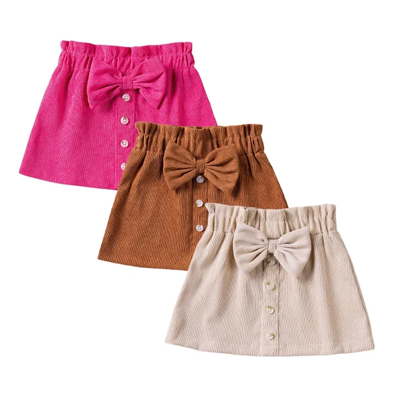 Spring Baby Girls Corduroy Skirts New 1-5Y Autumn Children Kid Cute Bow Button A-Line Newborn Skirt Girls Clothing Sweet Skirt