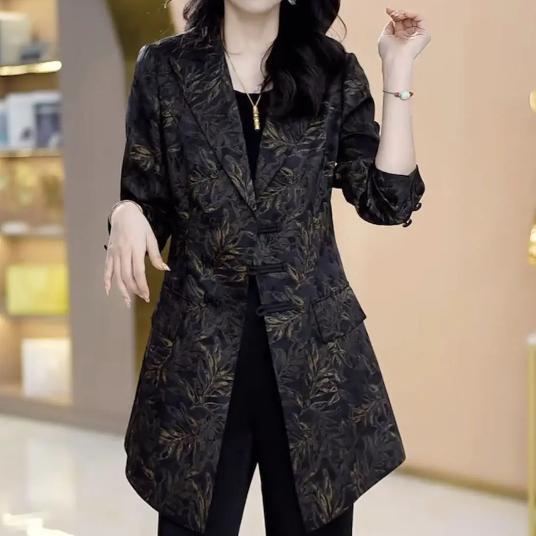 Popular New Chinese Temperament Fashionable High-End Women's Trench Coat 2026 Spring And Autumn New Jacquard Printing Slim Coat
