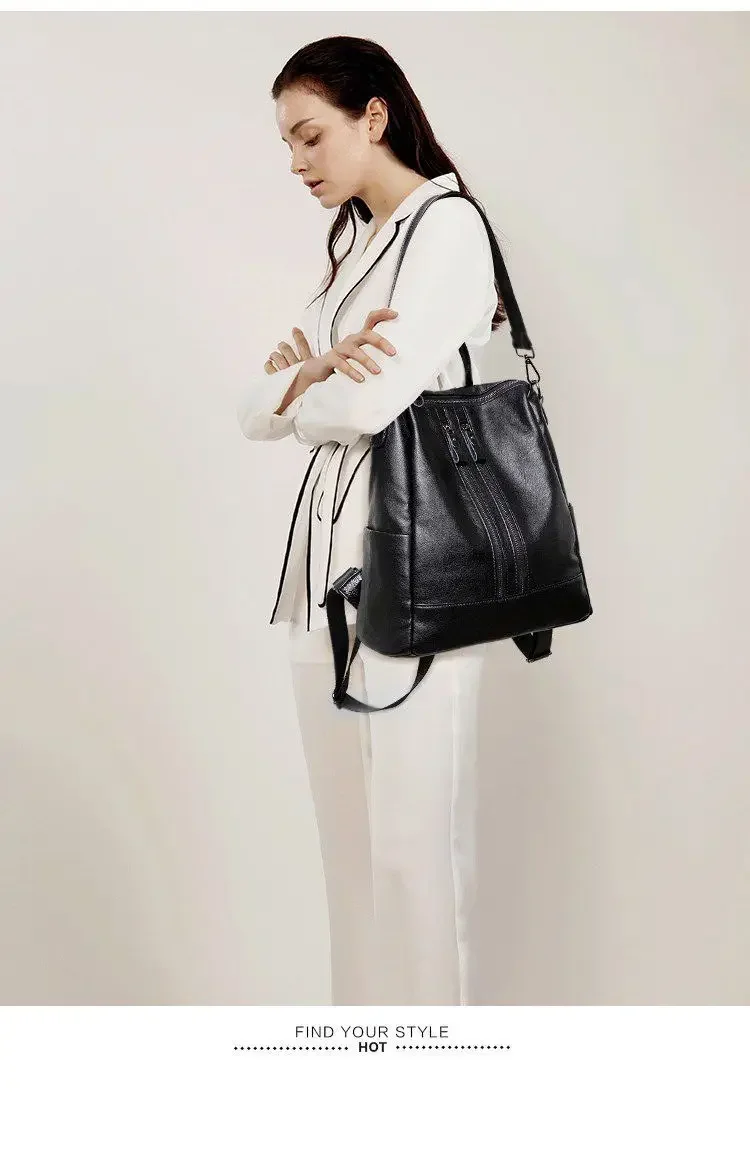 Soft Leather Backpack School Black Casual Multifunctional College Bag Large Capacity Shoulder Bags Travel Tote Backpack
