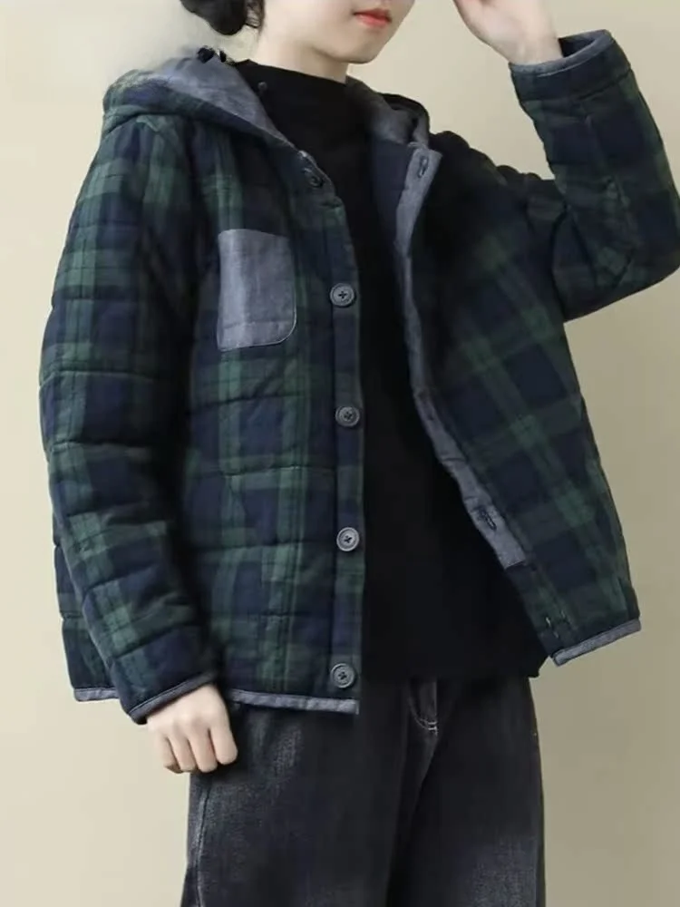 

Retro Plaid Hooded Thiened Cotton Jaet Women's Winter New Sle Loose Slimming Warm Cotton Outerwear Street Sle Long Sl...