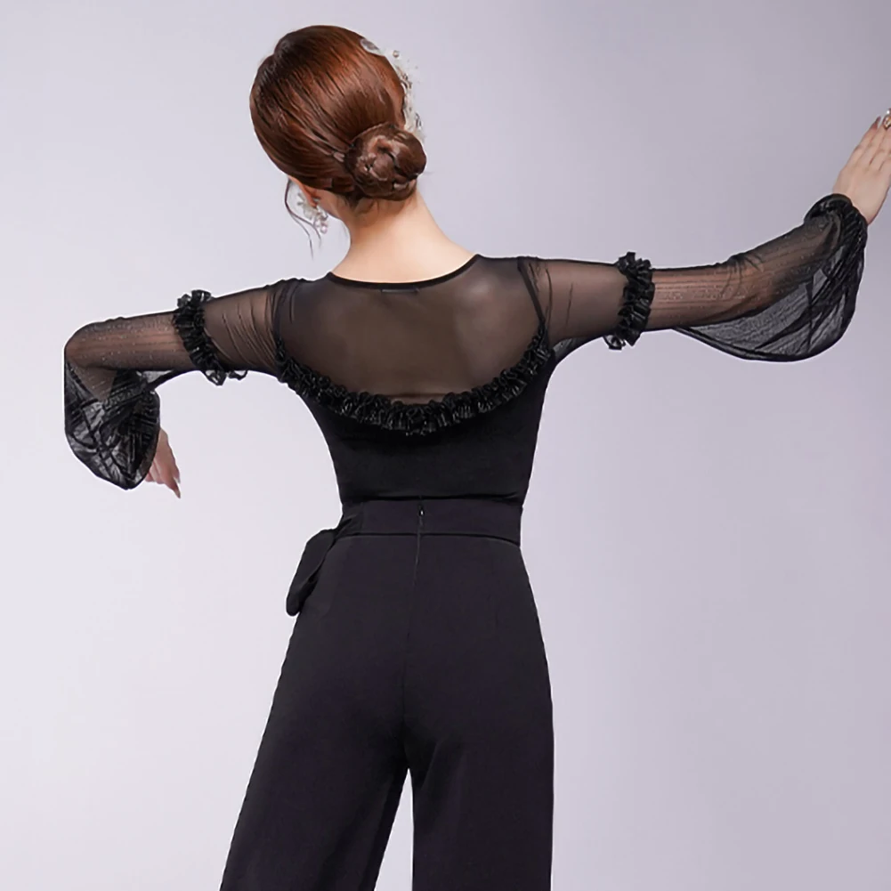 Haut de danse de salon pour femmes, valse, rétro, noir, violet, col rond, Performance d'entraînement, haut de danse moderne pour femmes, nouvelle collection