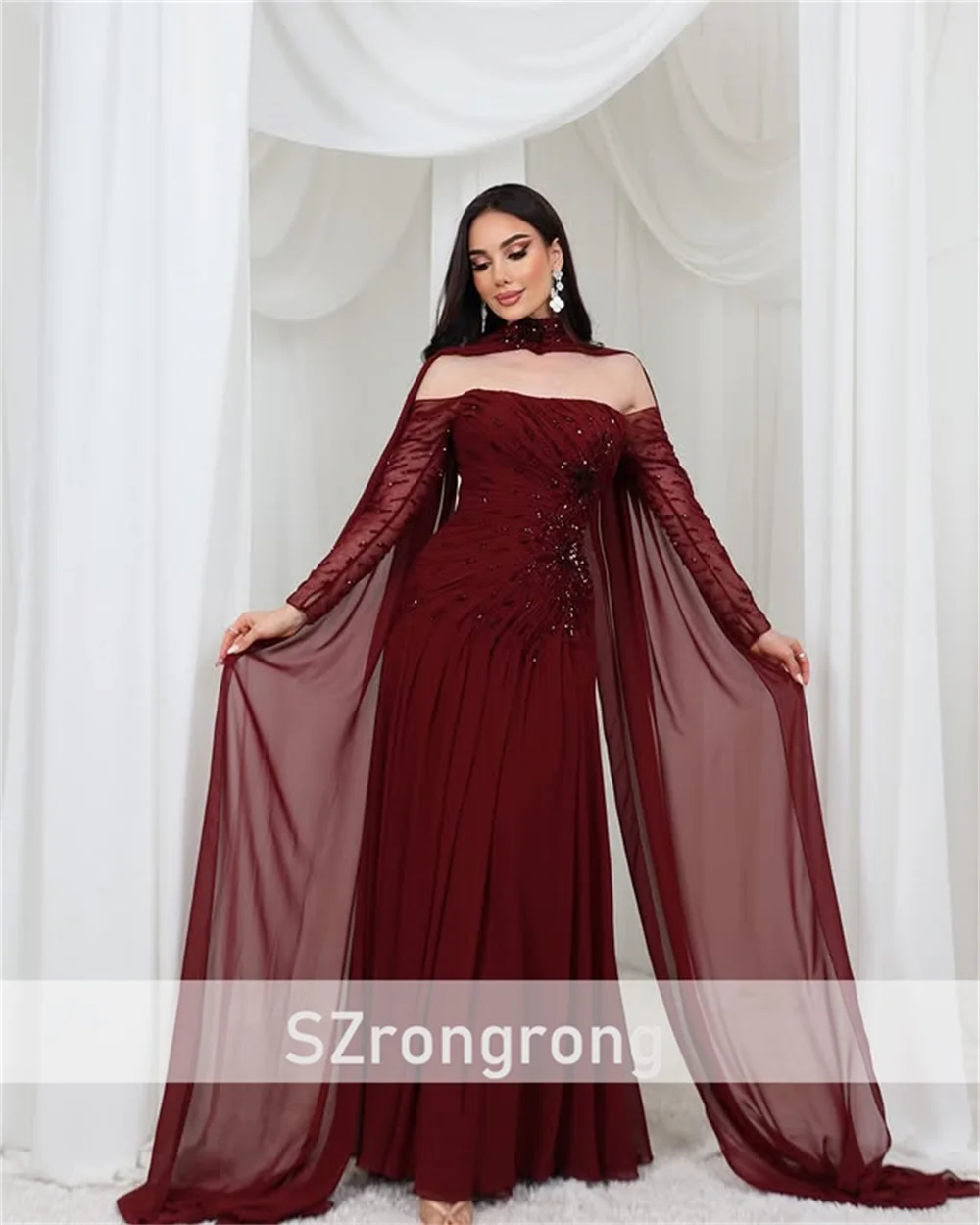 قارب طوق الشيفون مطوي غمد ثوب مسائي عارية الذراعين الطابق طول مطرز فستان عربي سعودي مع كم طويل مخصص