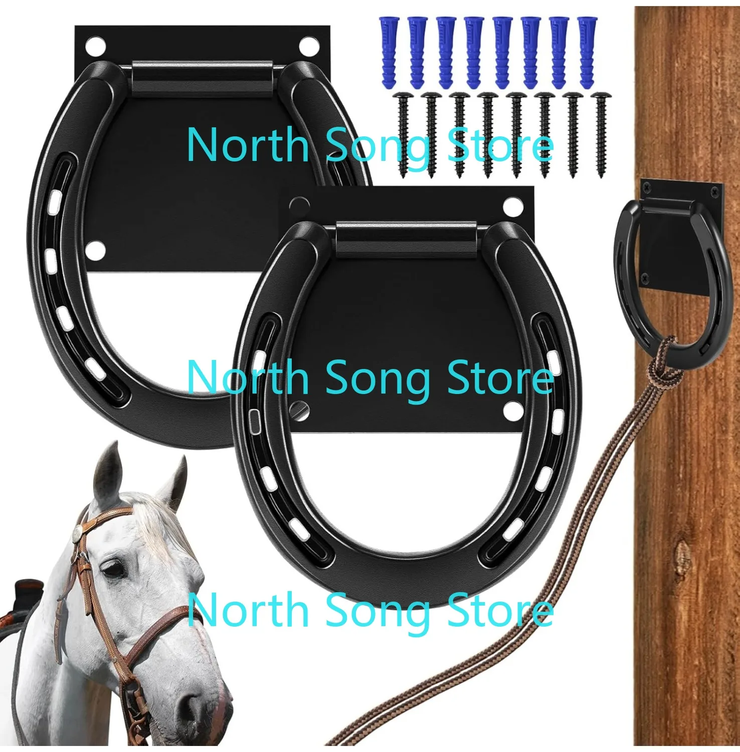 

Tie Ring for Horses Solid Steel with 3 x 3 Inch Expansion Screws, Horseshoe Cross Ties Down for Horse Tack Stall Stable Supplies