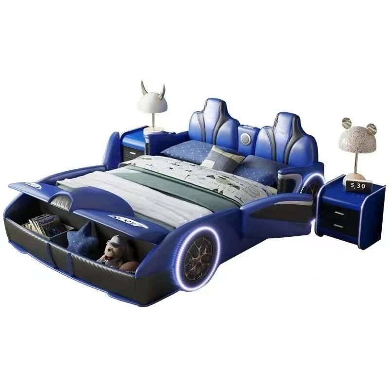 

LED cartoon car bed blue creative solid wood boy racing double bed