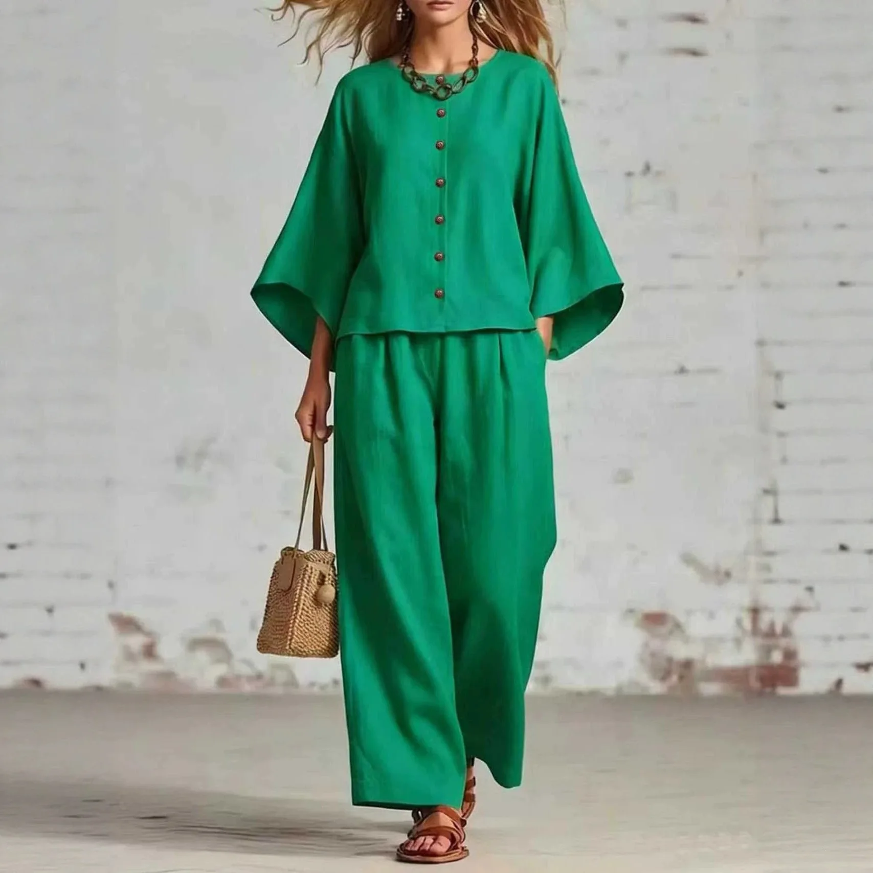 

Two Piece Set Women Outfit 2026 Spring New Solid Color Round Neck Long Sleeve Loose Top & High Waist Casual Wide Leg Pants Set