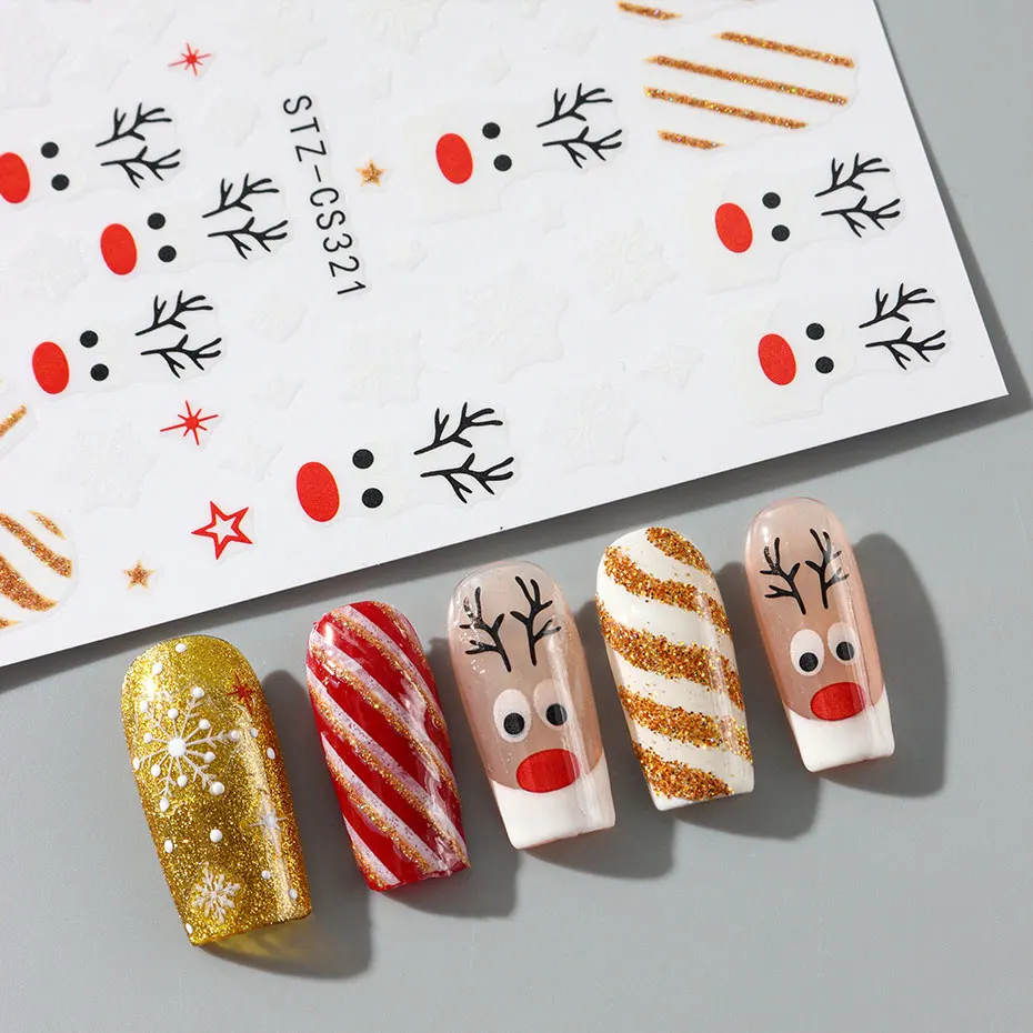 2 pezzi di cartone animato oro glitter adesivo per unghie Babbo Natale 3D carino alce di Natale fiocchi di neve cursore per unghie stella inverno capodanno forniture per unghie