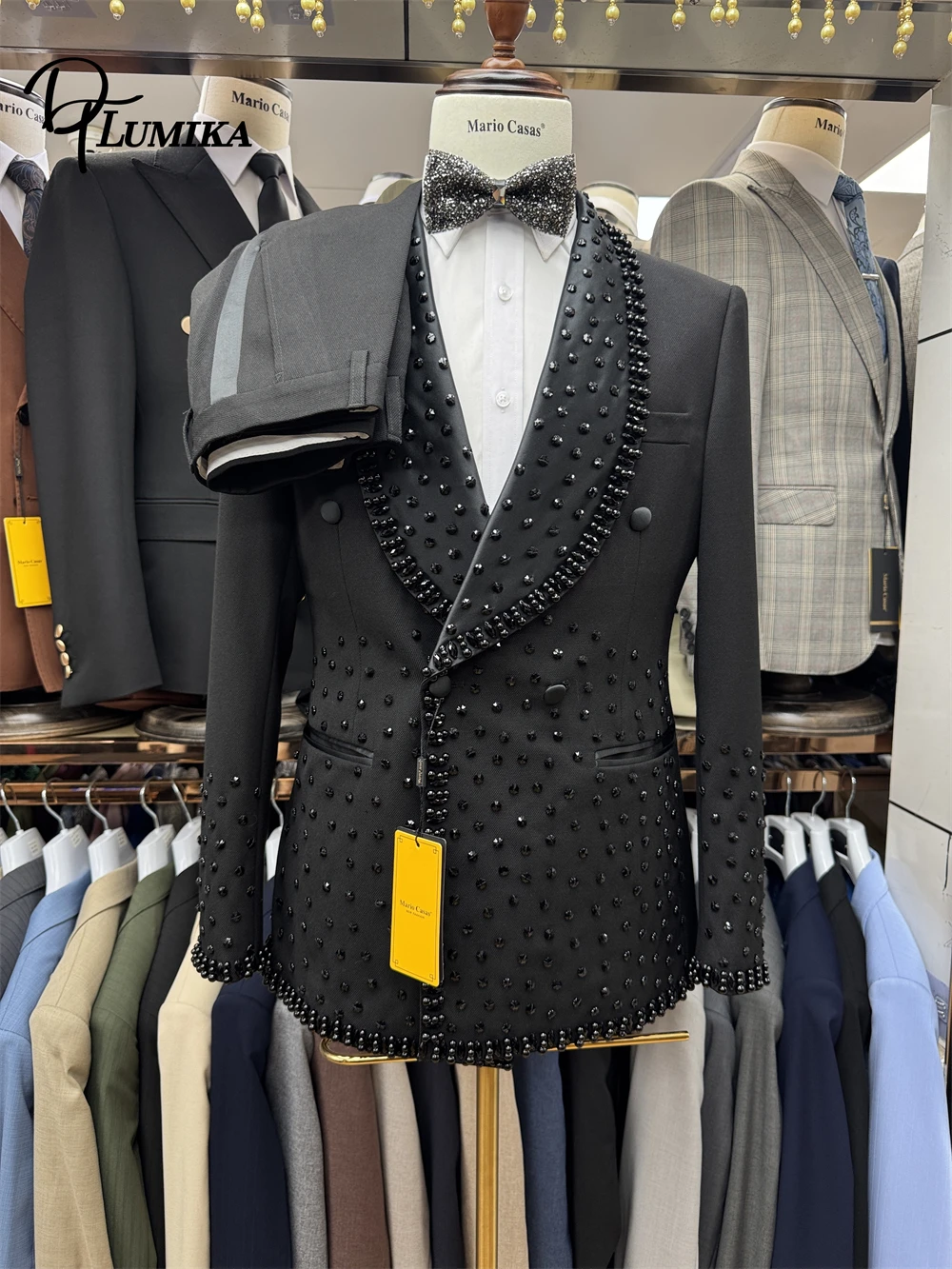 Dtlumika conjunto de terno de duas peças masculino de alta qualidade duplo breasted strass ternos do noivo formal baile de formatura roupa de festa jaqueta e calças