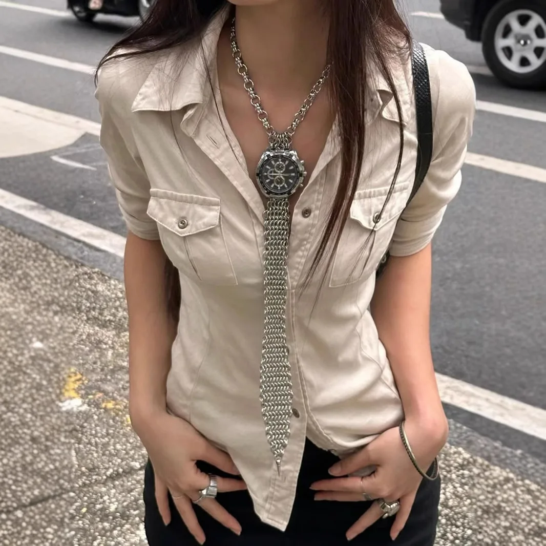 

Lianlianbu Wang Yujie style lapel workwear pocket simple long-sleeve shirt design accentuates the waistline slim-fit knitted