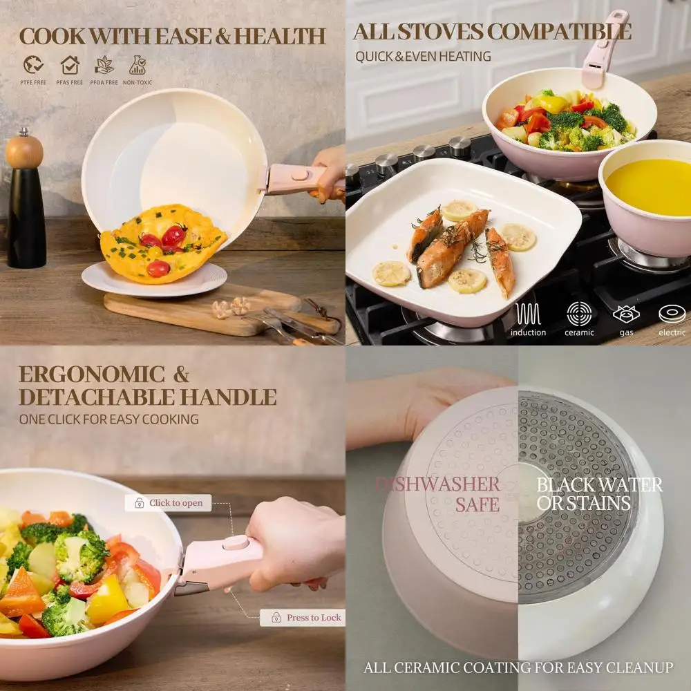 

Light Pink 23-Piece Non-Toxic Detachable Handle Ceramic Cookware Set, Induction Compatible, Oven & Dishwasher Safe, Space-Saving