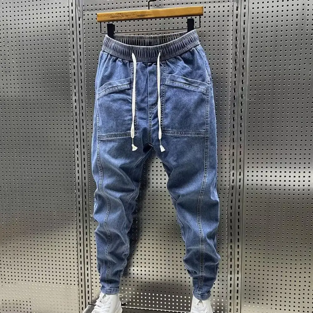 Cargo Harem Trousers Spring Autumn Men Jeans Fashion Drawstring Pockets Denim Pants Solid Color Casual Multi-pocket Men Trousers