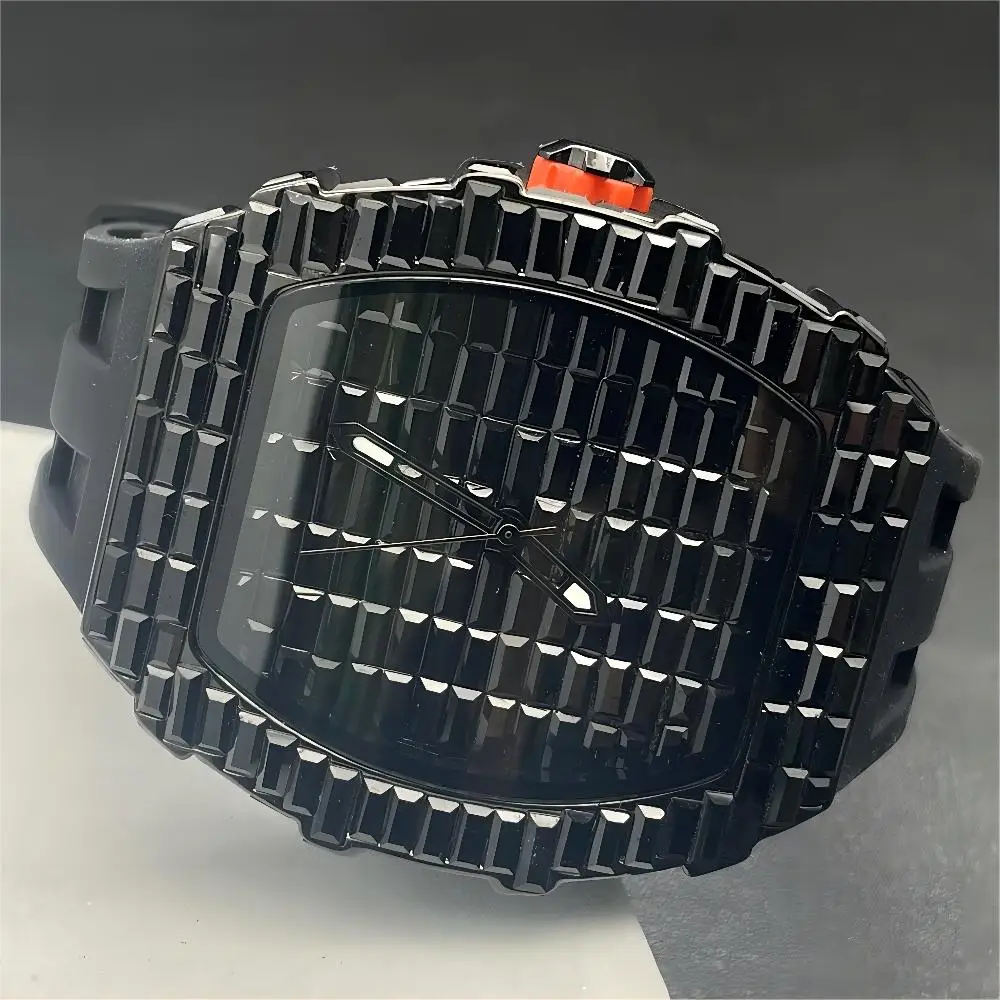 

2024 Fashion Iced Watch For Mens Sports Silicone Strap Tonneau Clocks Hip Hop Black Square Diamond Quartz WristWatch Male Reloj