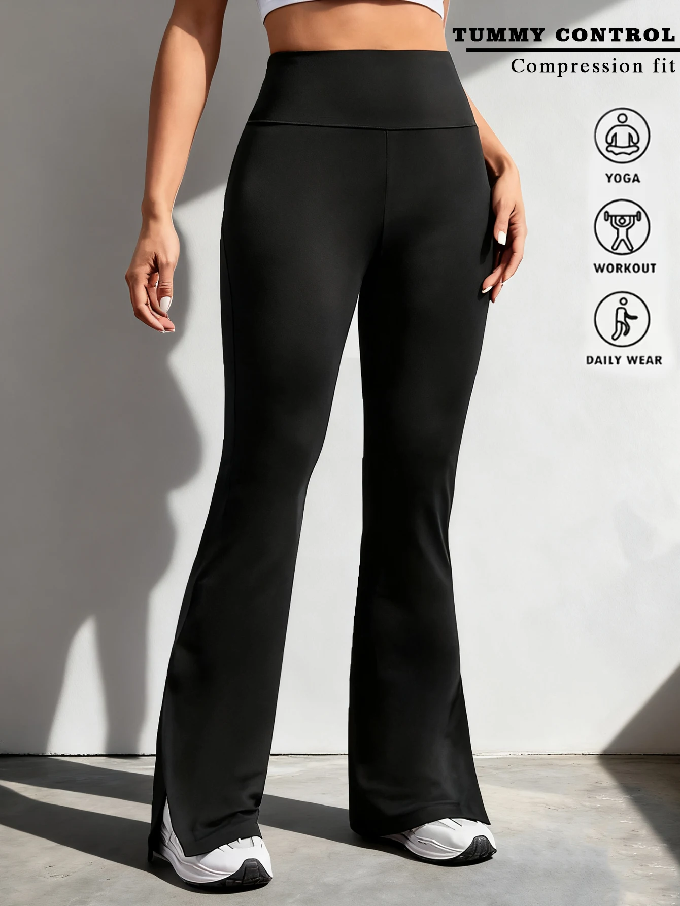 

Женские расклешенные брюки для йоги, черные, с высокой талией, утягивающие живот, с разрезом по низу, облегающие, для спорта, фитнеса и повседневной носки