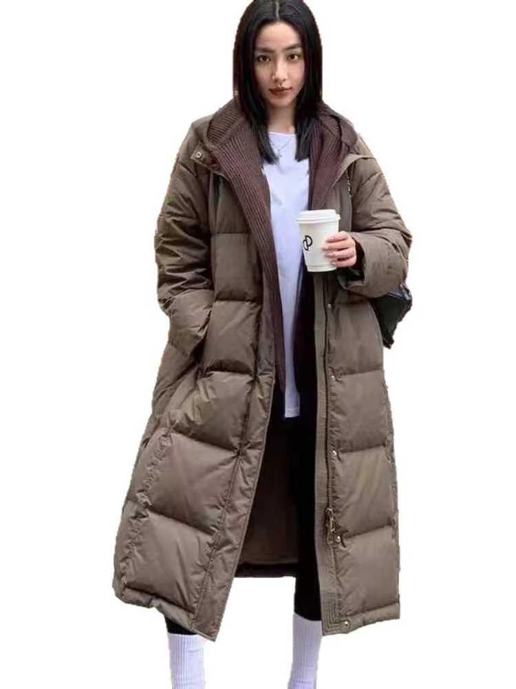 Winter Witte Eend Puffer Jas 2023 Nieuwe Gebreide Sjaal Lange Parka Vrouwen Koreaanse Verdikte Losse Warme Sneeuw Donsjack uitloper