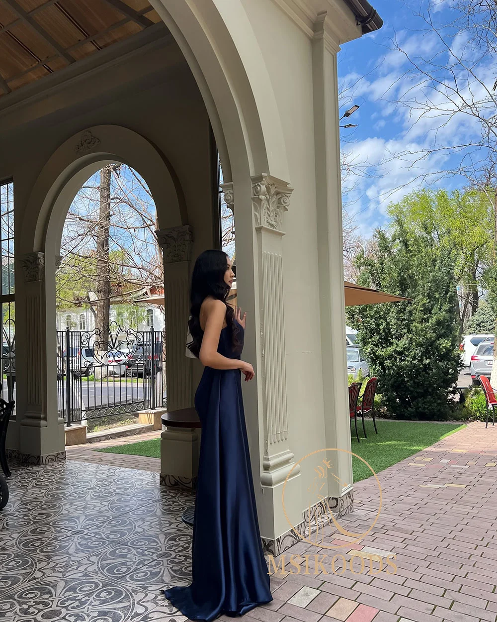 Sukienka wieczorowa Msikoods, granatowa, na jedno ramię, drapowana, elegancka, długa do podłogi, na studniówkę, sukienka formalna, sukienka na przyjęcie, możliwość personalizacji