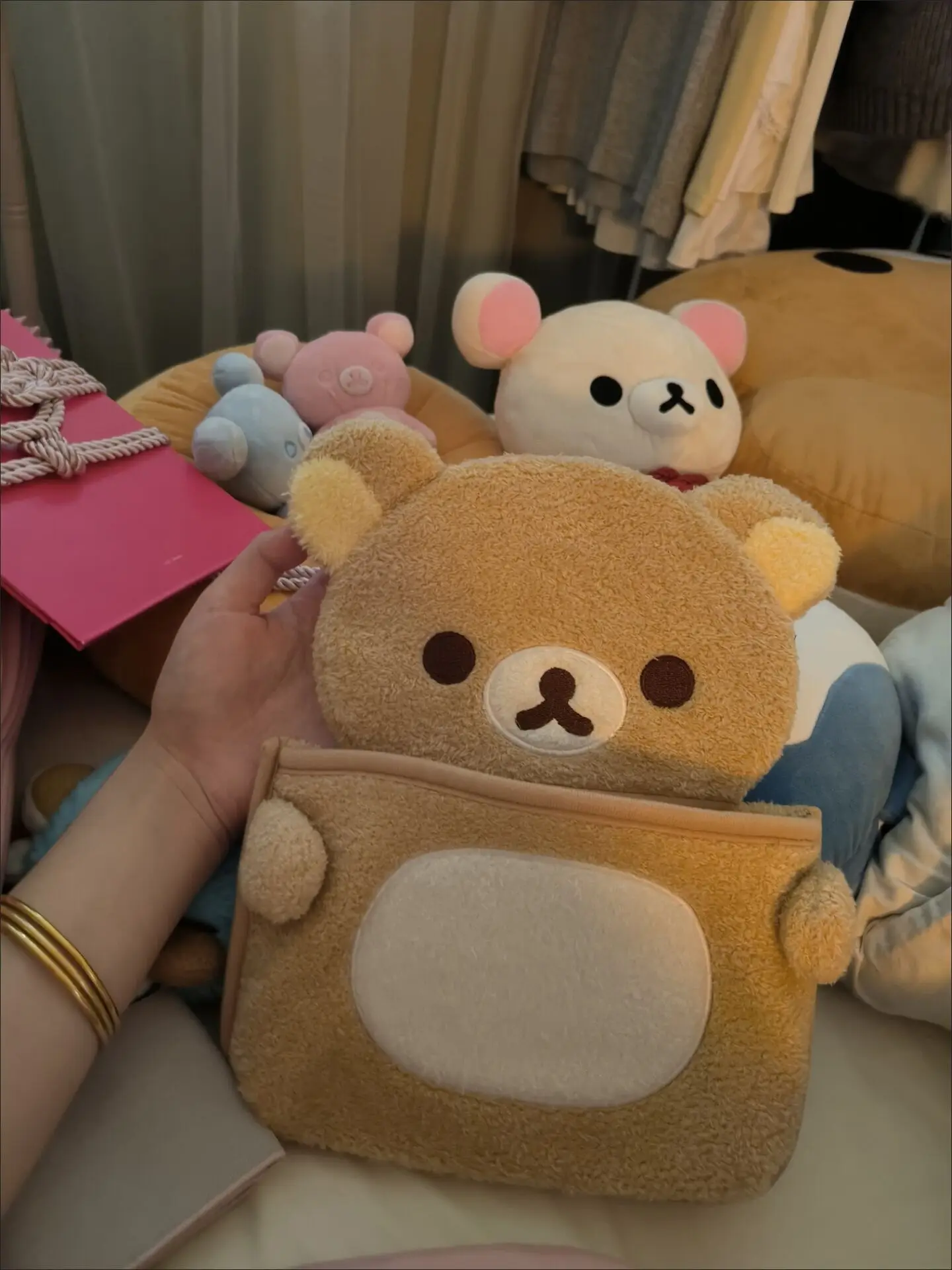 귀여운 Rilakkuma 곰 봉제 행잉 스토리지 포켓 정리함 가방, 메이크업 파우치 박스 케이스, 가정 및 여아용 가방, 신제품