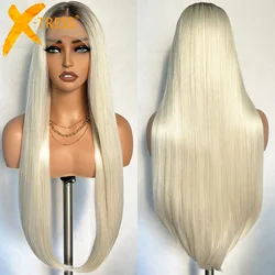 X-TRESS Synthetic Lace Wig 32 Inch Long Silky Straight Wigs for Women Ombre Sliver Black Rooted to White Wigs Lace Front Wig