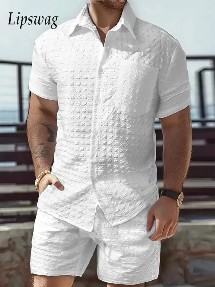 

Vintage Textured Short Sleeve Two Pieces Mens Sets Summer Beach Casual Loose Shirts And Shorts Suits Men Fashion Plaid Outfits