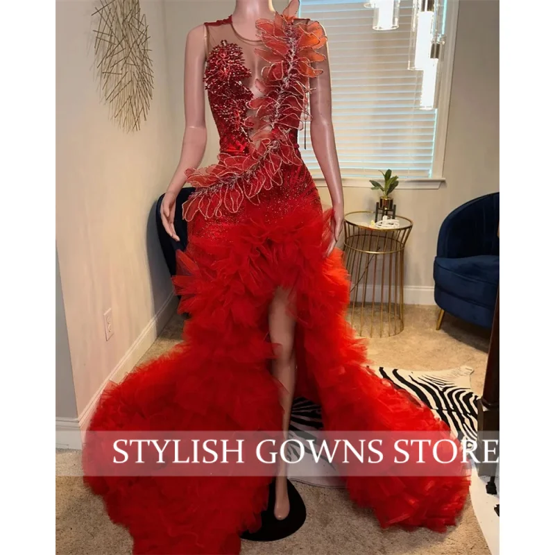 Luxe Rode Zeemeermin Galajurk 2026 Kraal Gelaagde Ruches Jurk Diamanten Applicaties Verjaardagsfeestje Avondfeest Jurken Aangepast