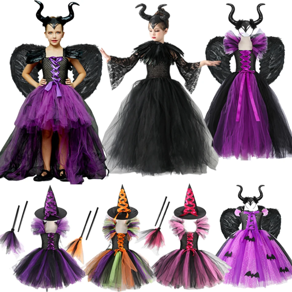 Halloween Maleficent Costume for Kids Carnival Party Clothes Set Witch Evil Queen Cosplay Ball Gown Robe Girls Tulle Tutu Dress