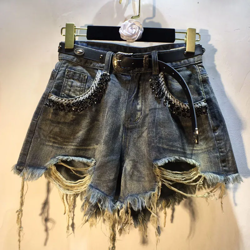 

2025 Summer New Heavy Industry Diamond Beads High Waist Thin Brushed Hole Coating Denim Shorts for Women