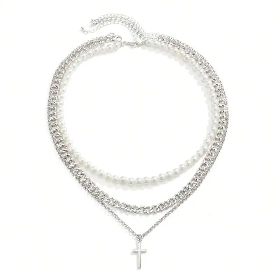 

Layered Pearl and Chain Necklace Set with Cross Pendant for Men and Women