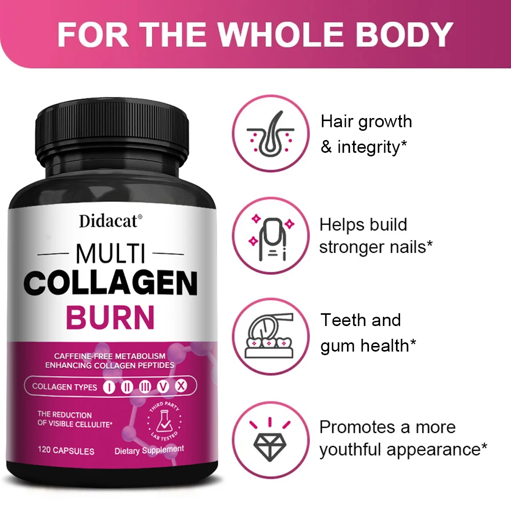 Didacat Multi-Collagen Burn - Hair, Nails, Skin, Joints, Teeth and Gum Health, Boost Metabolism, Burn Fat