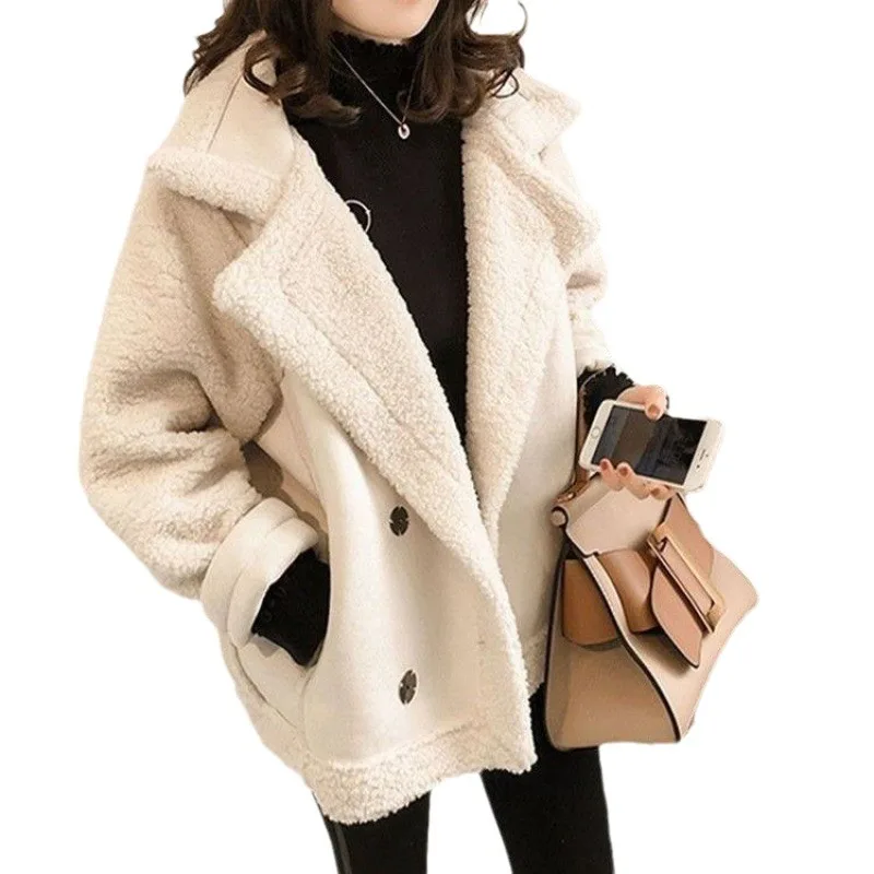 Women Coats Lamb Wool Coat Maxi Thick Warm Khaki Autumn Winter Jackets Turn Down Collar Single Breasted Pockets Elegant