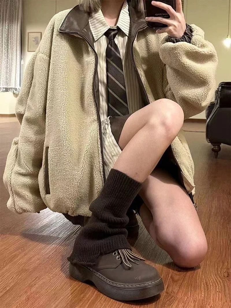Reversible Brown Women Pu Jacket Sherpa Lined Coat Zip Up Fleece Oversized Retro Moto Streetwear Y2K Winter Outerwear Top