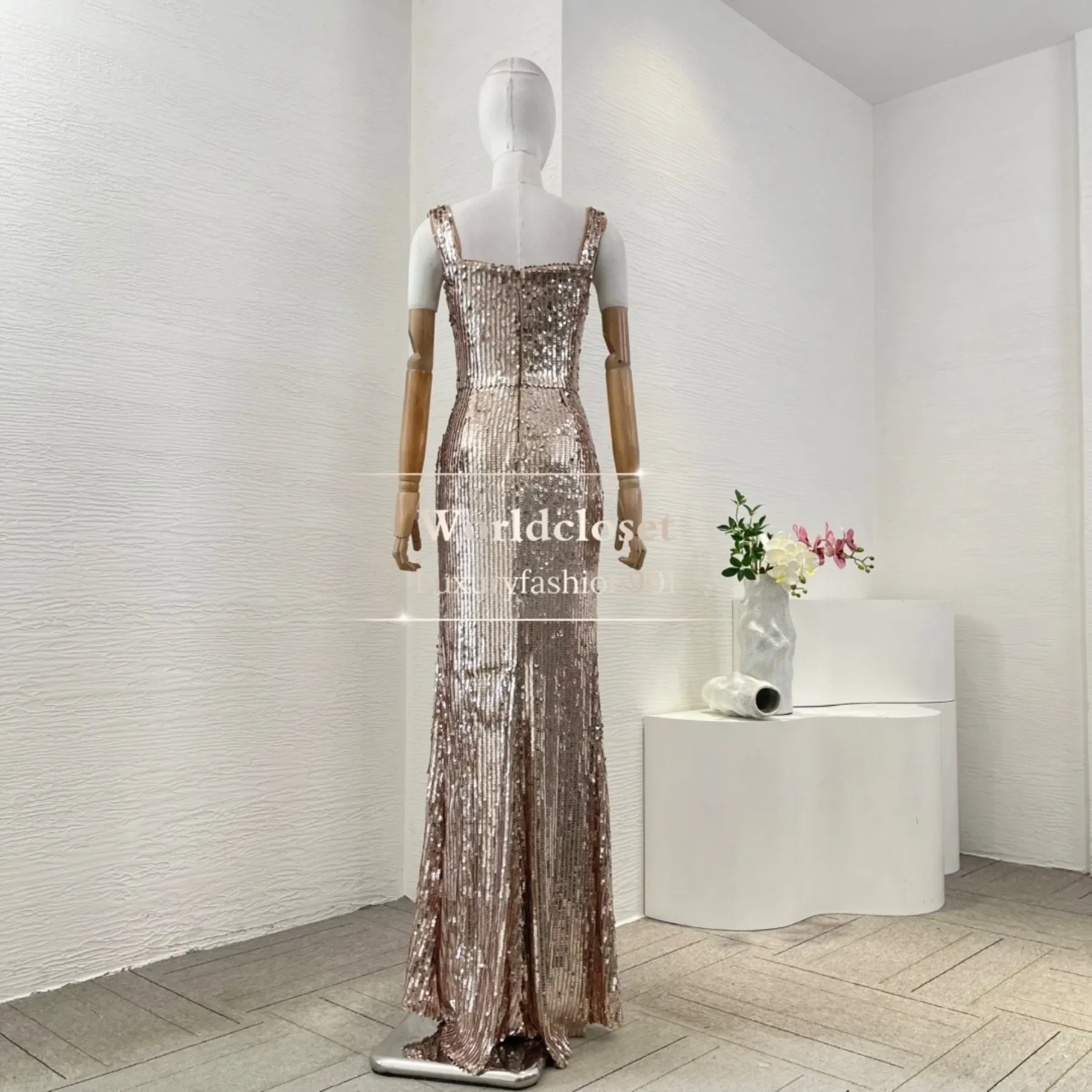 Abiti da sera maxi a coda di pesce a sirena Argento senza maniche con paillettes ritagliate