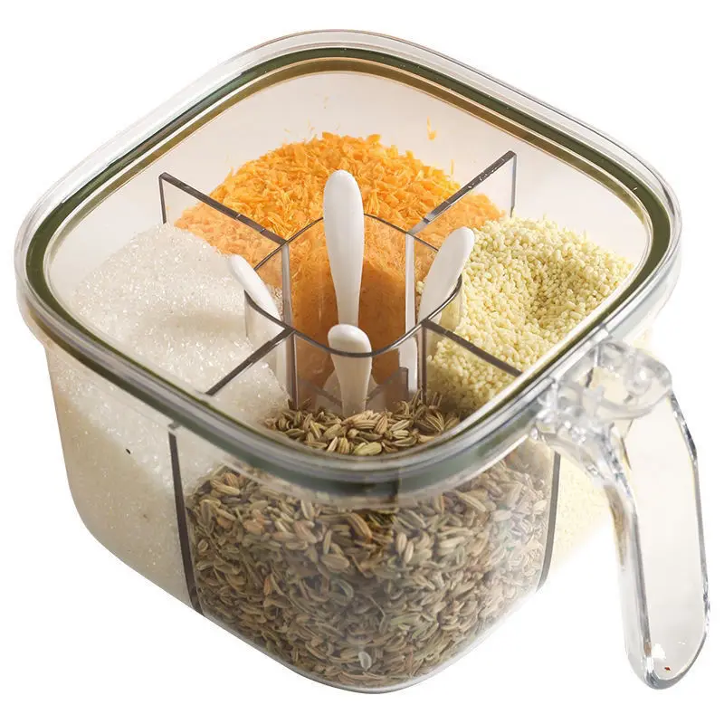 1pc Sealed Moisture-proof With Spoon, Put Salt Flavor Spice Seasoning Box, Quarter Grid Seasoning Jar, Restaurant Kitchen Press-