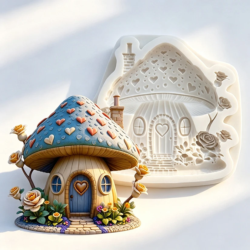 Herz-Pilz-Schloss Silikonform für Zuckerguss, Harzwerkzeuge, Cupcake-Backform, Fondant-Kuchendekorationswerkzeuge