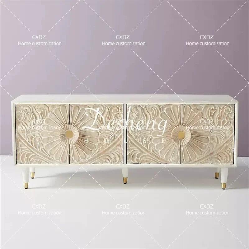 Retro Solid Wood TV Cabinet Hand Carved Storage Floor Console Simple Household Media Stand Living Room Furniture