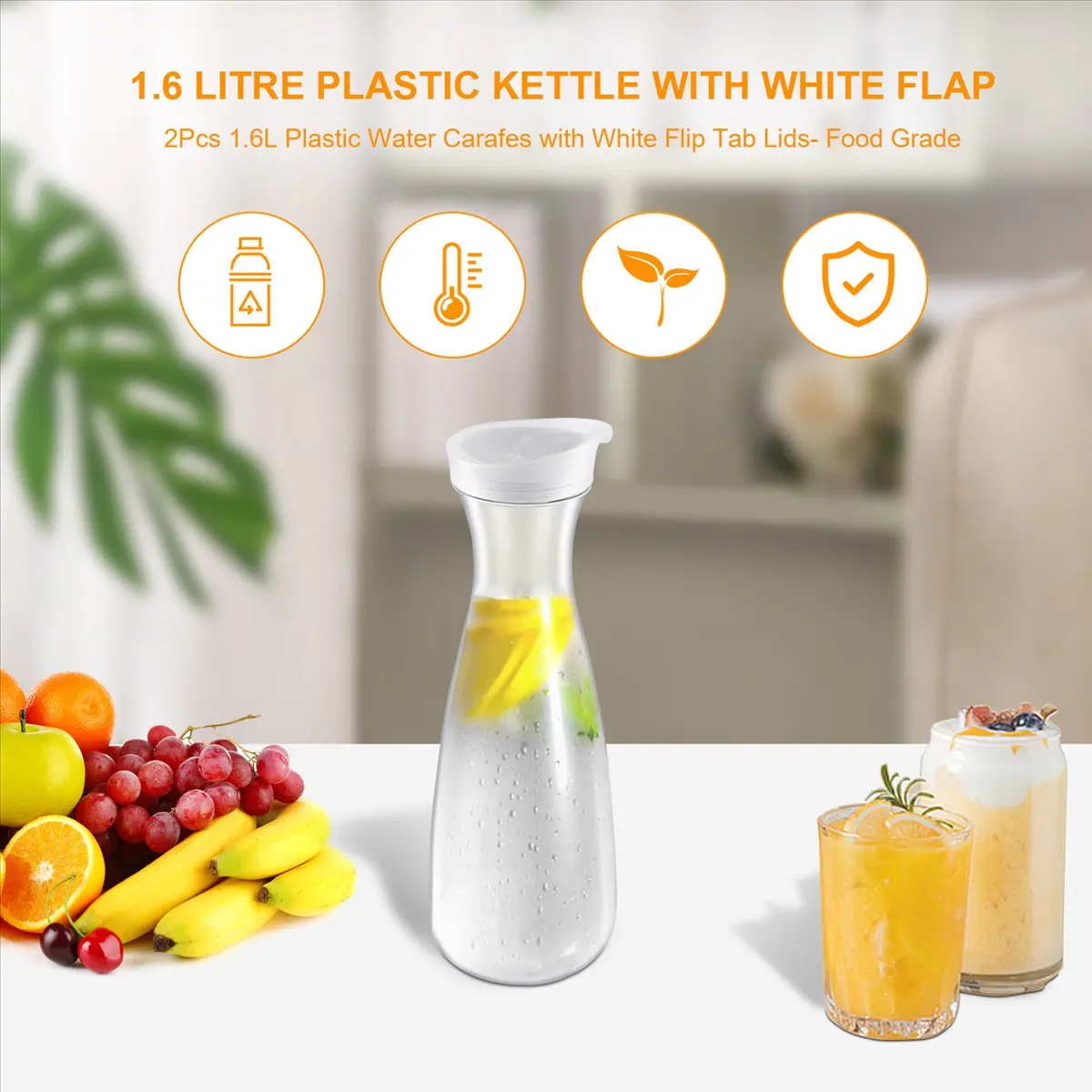 

AT16 2 шт. пластиковые кувшины для воды объемом 1,6 л с белыми откидными крышками - пищевой пластик, пригодный для вторичной переработки, небьющиеся кувшины - емкость для сока