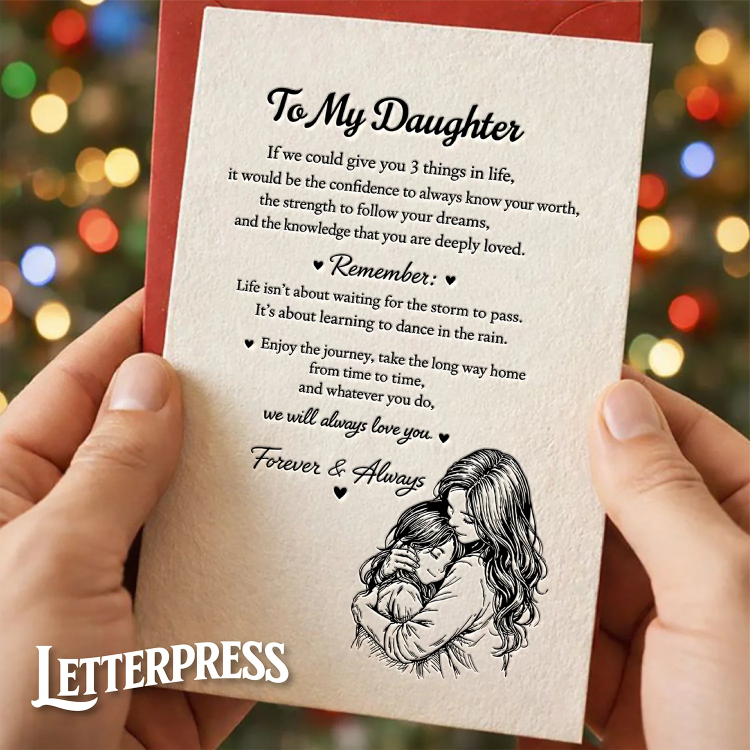 1PCS, Letterpress Love Card for Daughter, “To My Daughter, Inspirational Message Greeting Card, Mother and Daughter