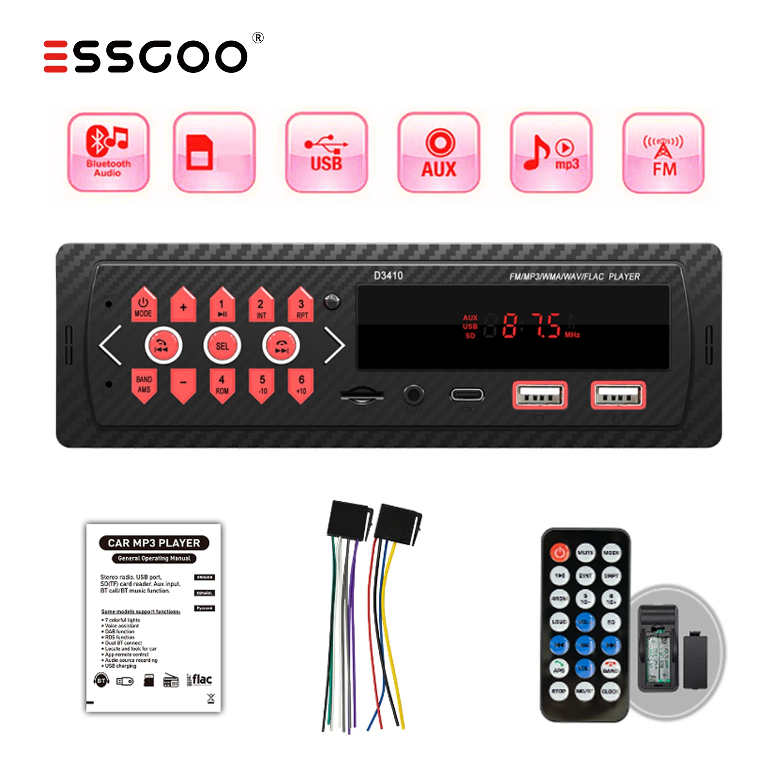 ESSGOO Single 1 Din Car Stereo Radio MP3 Player In-dash Head Unit Bluetooth FM/USB/AUX/Type-C Handsfree Digital Bluetooth