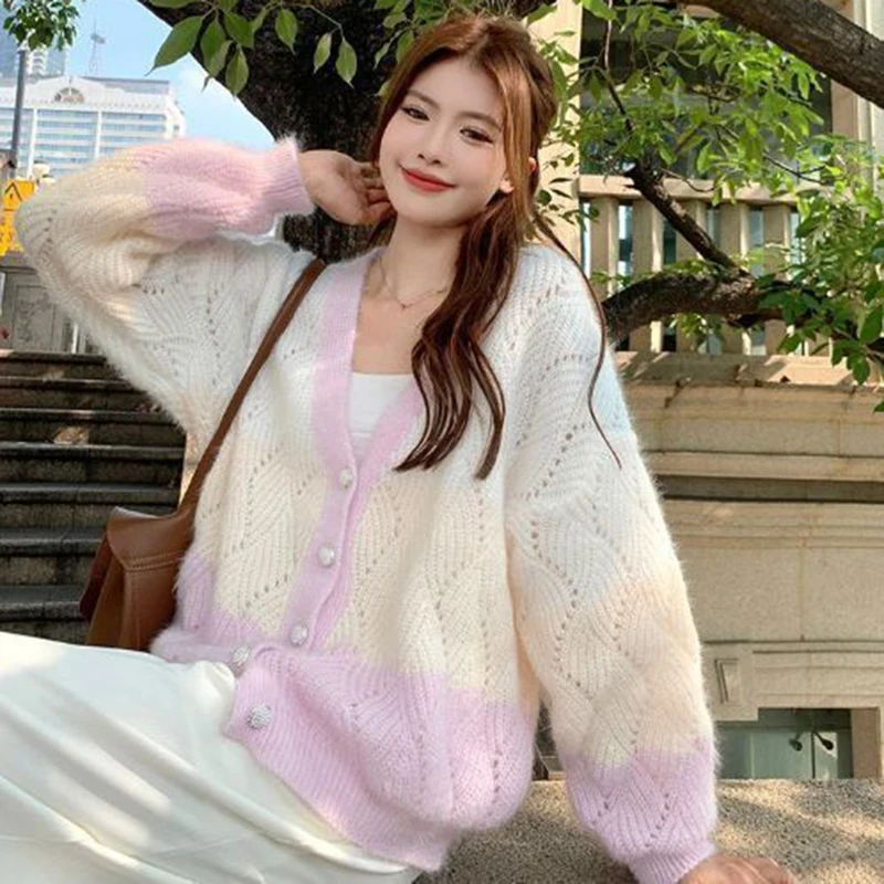 Rimocy Mixed Color Women\'s V Neck Cardigan Korean Fashion Single Breasted Loose Sweater Coat Woman Chic Sweet Knitted Cardigans