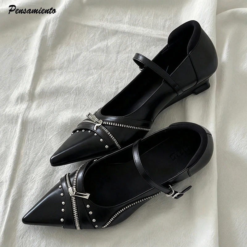 Vintage Punk Rivet Zipper Decoration Women Pumps Fashion Patent Leather Mary Janes 3cm Wedges Heeled Loafers Shoes Zapatos Mujer