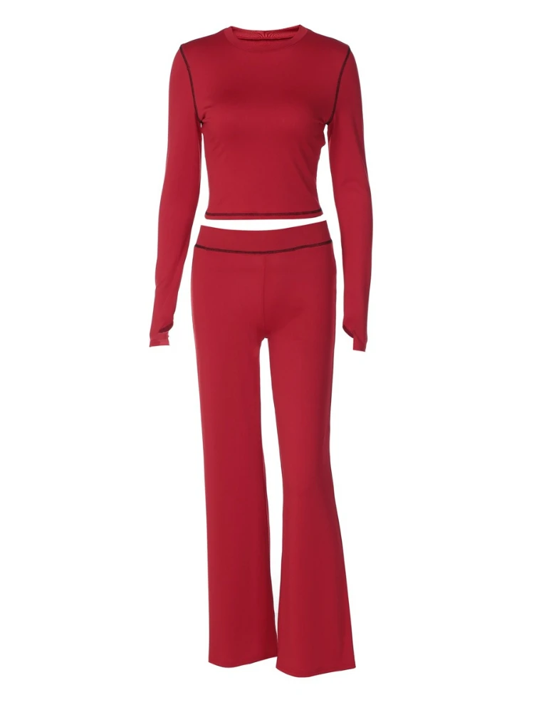 ชุดลำลองสองชิ้นสำหรับผู้หญิง สไตล์ไฮสตรีท สีพื้น คอกลม แขนยาว เสื้อครอปเข้ารูป กางเกงขาบาน แฟชั่นทันสมัย