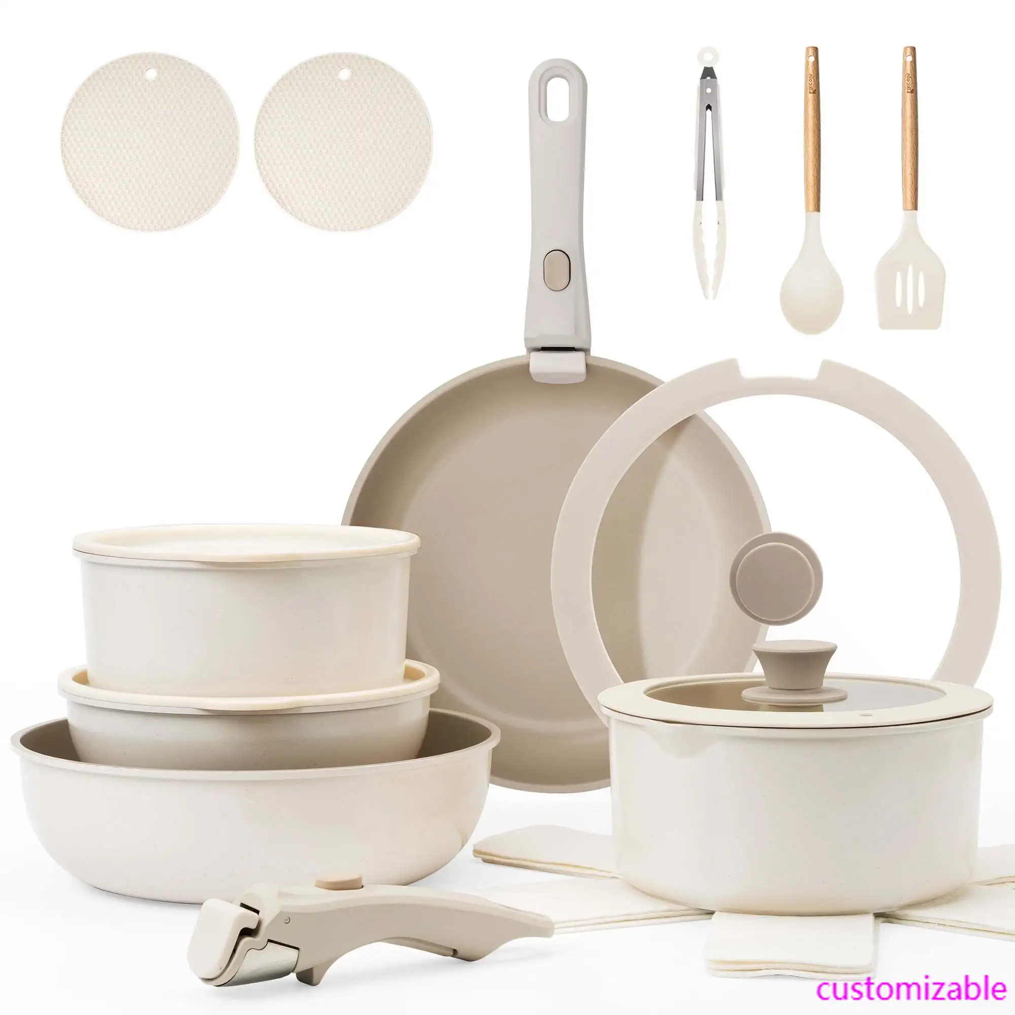 

20 Pcs Non-Stick Pots and Pans Set, Non-Toxic Coating Cookware Set with Removable Handles, Induction/Oven Safe to Use(Beige)
