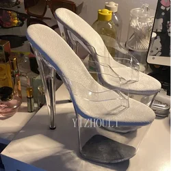 New 8-inch sexy party heels for ladies, flip-flop style transparent glass slippers, 20cm high-heeled slippers