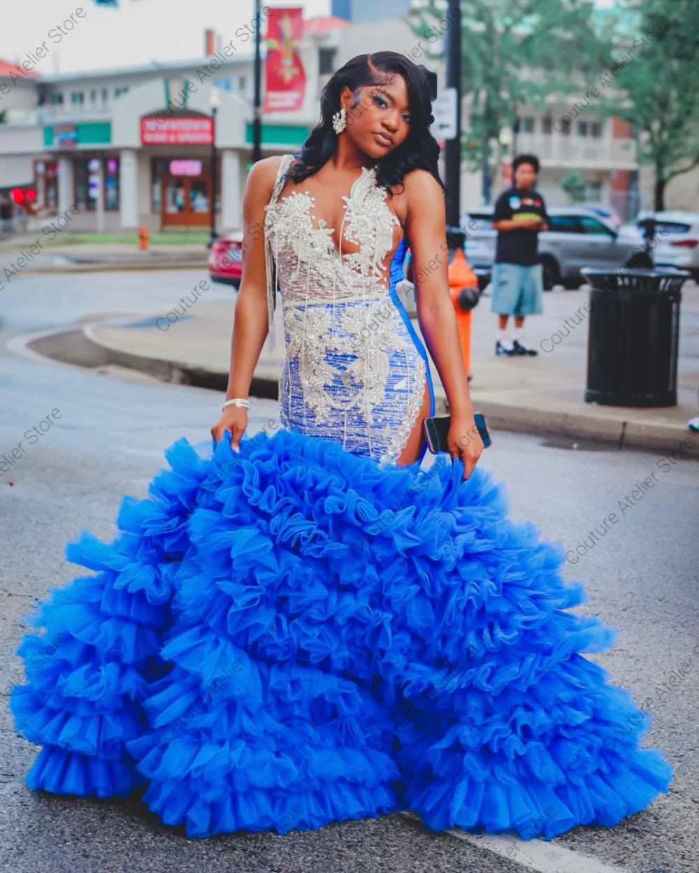 Abito da ballo a sirena con perline di cristallo increspate in tulle blu royal, per San Valentino, abito da compleanno, abito da cocktail per ragazza nera personalizzato