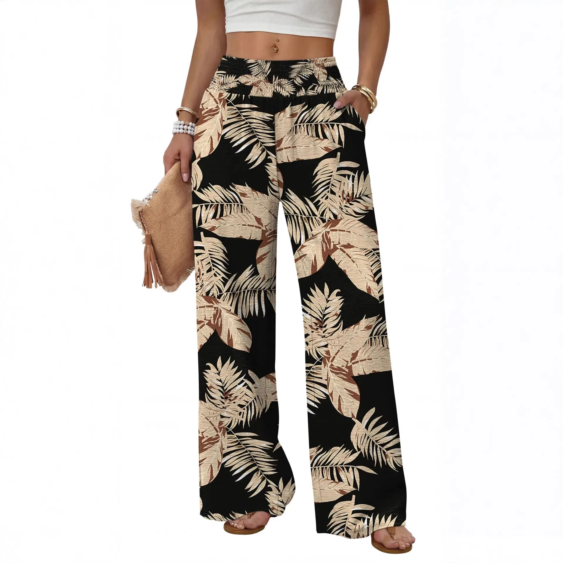Fashionable Loose Solid Color Printed Wide Leg Pants For Women's Pants Pantalon Noir Long Femme