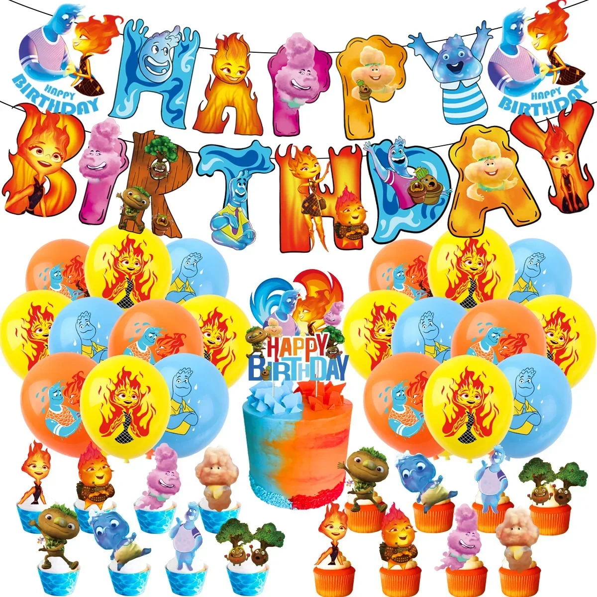 Hot movie Elemental Birthday Party dinnerware Disposable Banner Cake Topper Hanging Flag Elemental Balloons Birthday Decoration