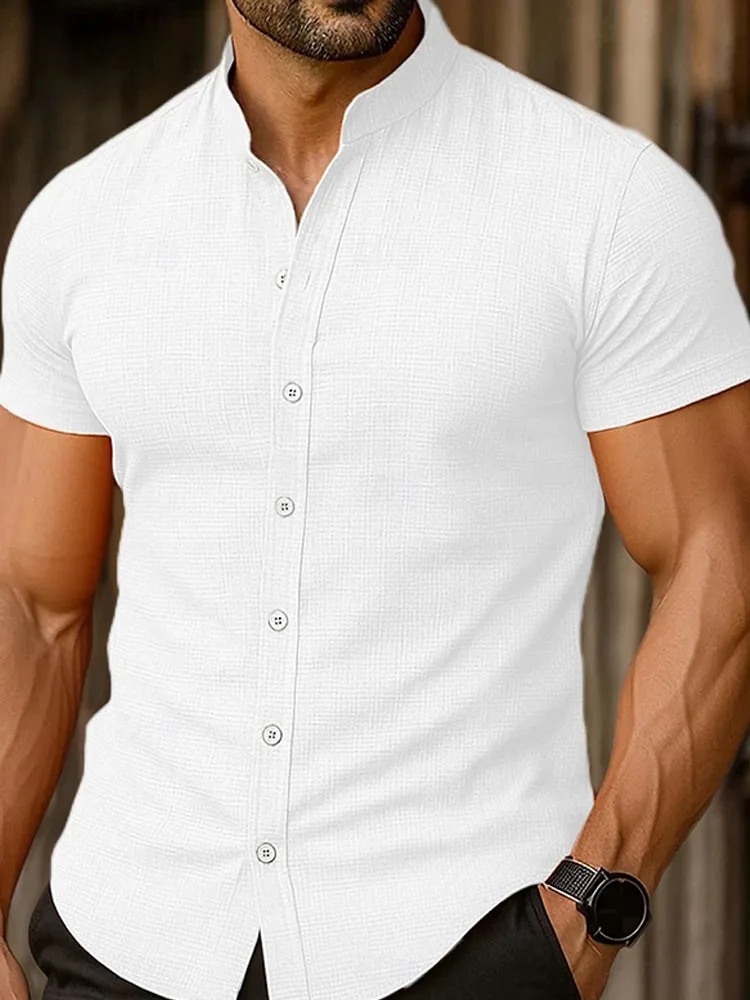 

Stylish Stand Collar Button-up Cardigan Tops Men Summer Fashion Solid Color Short Sleeve Shirt Seaside Casual Mens Linen Shirts