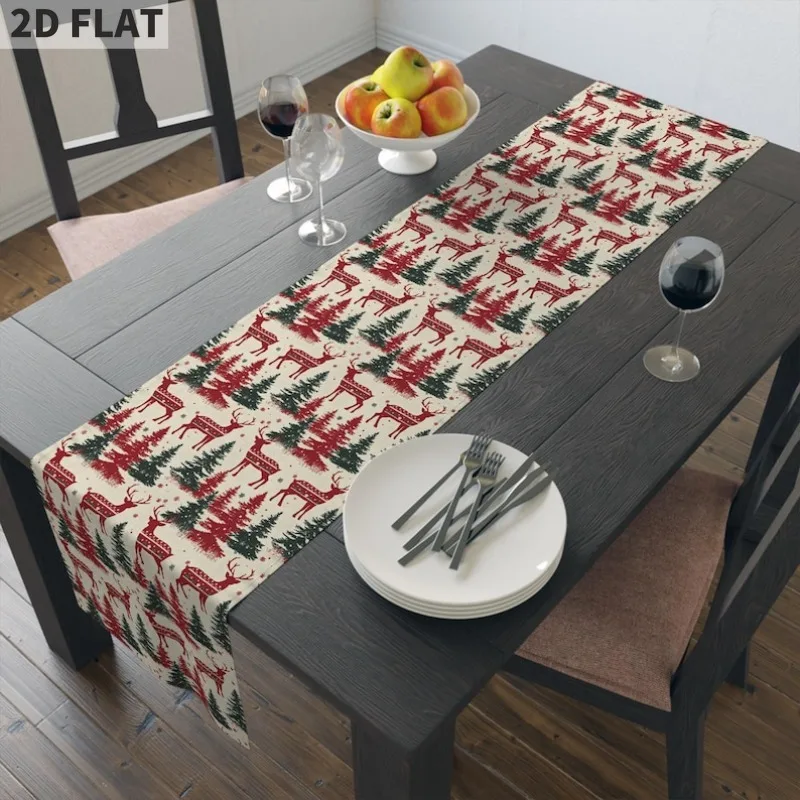 Christmas Reindeer Design Table Runner, Reindeer Christmas, Holiday Home Decor Winter Centerpiece Reindeer Tree Red Green Print